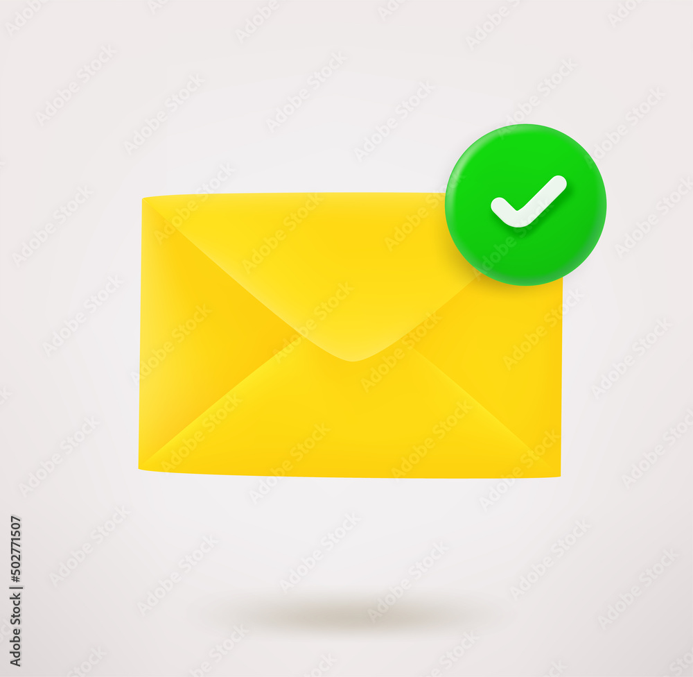 Aufkleber yellow envelope icon with checkmark. 3d vector icon