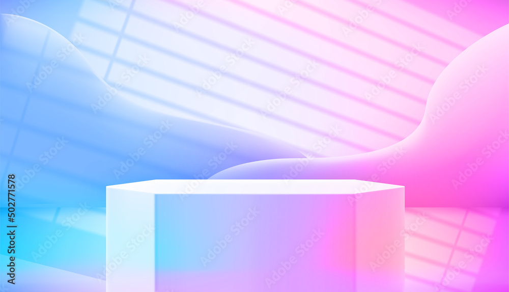 Poster empty studio with vivid hologram glow effect, podium and light of the window. vector 3d illustration