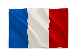 Red, White and Blue waving french national flag. 3d vector object isolated on white