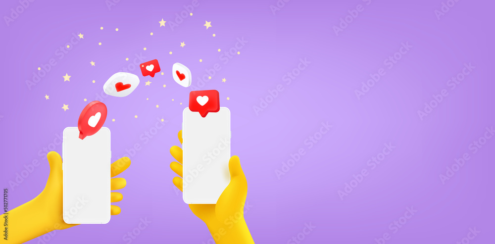 Poster People making marks via mobile phone. 3d vector banner with copy space