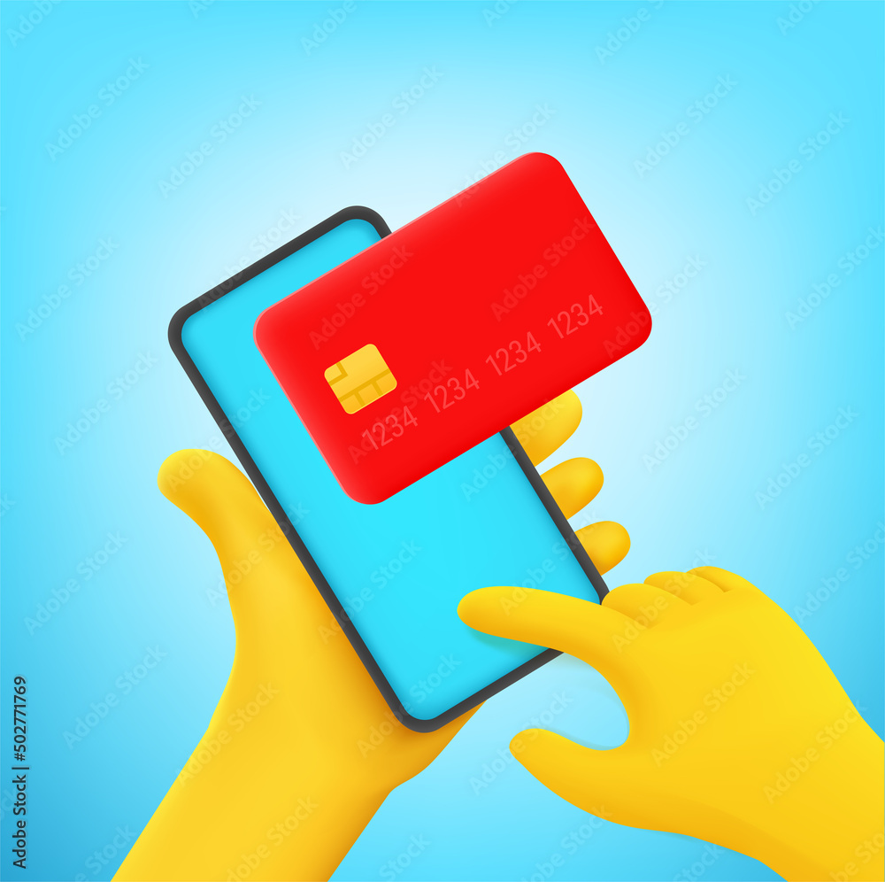 Poster wireless payment via modern smartphone. cartoon style vector illustration