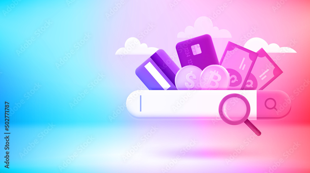 Poster Searching the way to pay in internet. Vector 3d banner with copy space