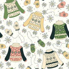 Seamless pattern with sweaters, mittens