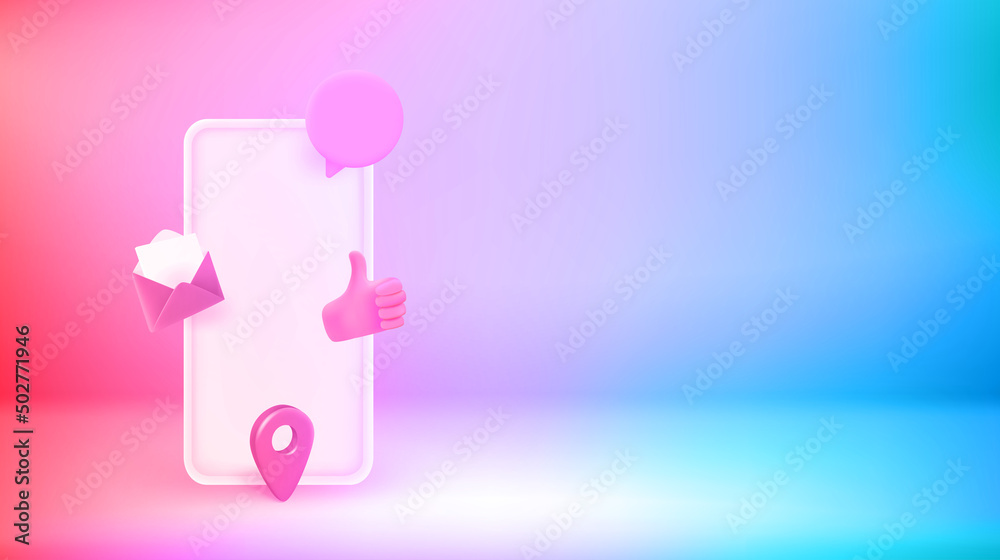 Fototapete Smartphone with application icons. Vector 3d banner with copy space