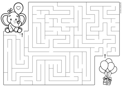 Vector black line printable maze. Format A4. Coloring book educational maze with cute cartoon elephant looking for a gift. Landscape size.