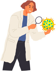 Scientist makes new decision in science. Idea of education, scientific developent. Woman in lab coat conducting experiment, chemical research. Researcher with loupe analyses viruses and bacteria