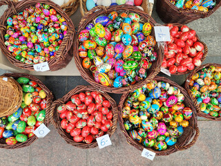 Colorful decorated Easter eggs on Easter market in Krakow