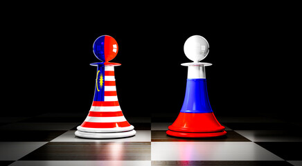 Malaysia and Russia relations, chess pawns with national flags - 3D illustration