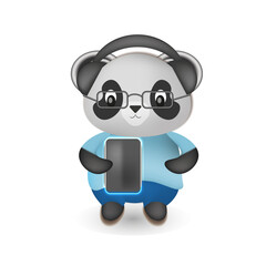 Vector 3d illustration, cute panda geek, IT guy, wearing headphones, glasses and with a phone. Kawaii cartoon animal. Suitable for children's products, books. © Violetta