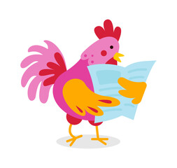 Cartoon rooster reads a newspaper. Vector illustration