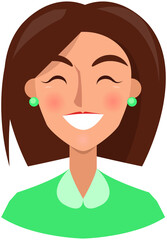 Positive face expression of young woman. Girl with emotion of happiness, joy. Cheerful, joyful face of female character. Happy smiling lady vector illustration. Expressing human emotion concept