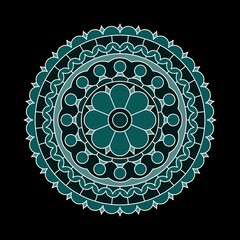 Round mandala with beautiful floral pattern in dark colours, isolated on black background. Vector drawing.