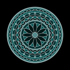 Round mandala in dark colours with beautiful floral pattern. Vector design isolated on black background.
