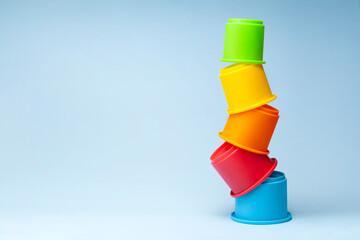 Colorful falling tower, plastic cylinders in different colors composing a collapsing tower, object isolated on blue background
