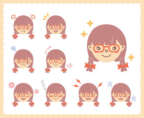 女性の喜怒哀楽の感情　顔アイコン　セット71