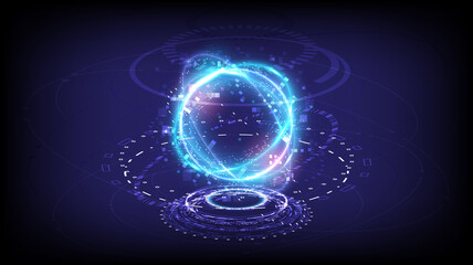 GUI and UI virtual reality. Portal and hologram science futuristic technology cyberpunk. Sci-fi digital hi-tech in glowing HUD projector. Magic gate in game fantasy. Circle teleport podium