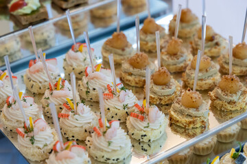 Party platter of bite size appetisers. Appetizer canape. Catering