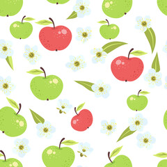 Seamless cute red and green apple pattern with fruits, leaves, white flowers background. Vector illustration summer cover, wallpaper texture, wrapping backdrop, vintage packaging.