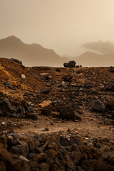 Volcano park desert during smoky sunset