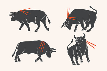 Set of black rabid bulls struck by the red spears of bullfighter in various poses. Corrida is a traditional spectacle in Spain. Vector illustration isolated.