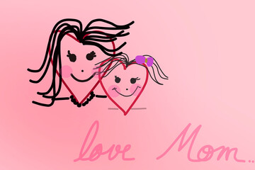 Mother's Day Poster with cute hearts and face emoticon painting on pink background.