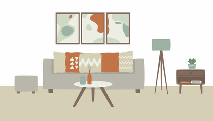 Design living room interior in scandinavian style. Grey sofa with pillows, lamp, table. Flat vector illustration.