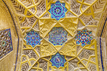 Ceiling patterns in the Kukeldash Madrasah (built in 1569). Shot in Bukhara, Uzbekistan