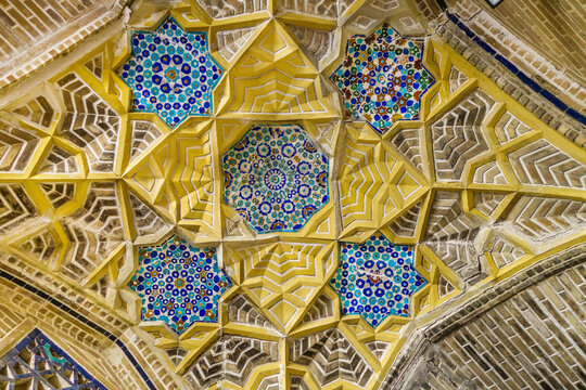 Ceiling geometric patterns in the Kukeldash madrasah. Shot in Bukhara, Uzbekistan