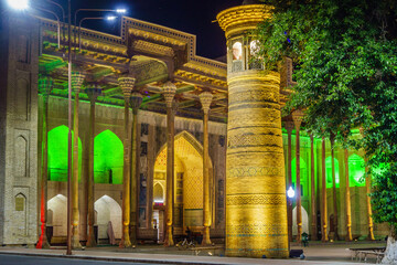 Bolo Haouz Mosque and its minaret in the night lights. Shot in Bukhara, Uzbekistan