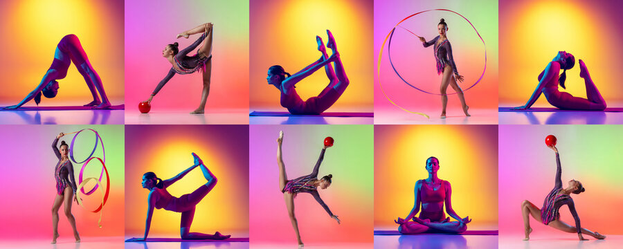 Set of portraits of young sportive women training, doing sports. Stretching exercises and rhytmic gymnast performance