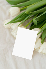 5x7 card mock up, name card, place card, wedding invitation mock up. White flowers tulips bouquet
