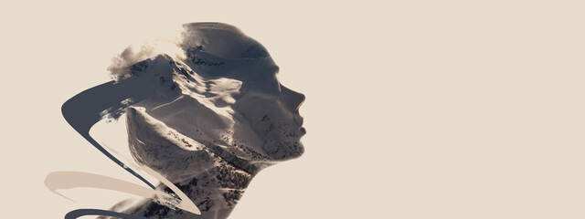 Conceptual image. Profile silhouette of young transparent woman and nature landscape of snowy mountains isolated over light grey background. - Powered by Adobe