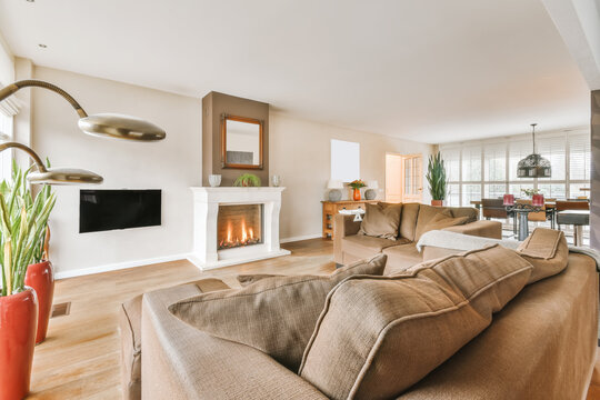 Modern living room with fireplace