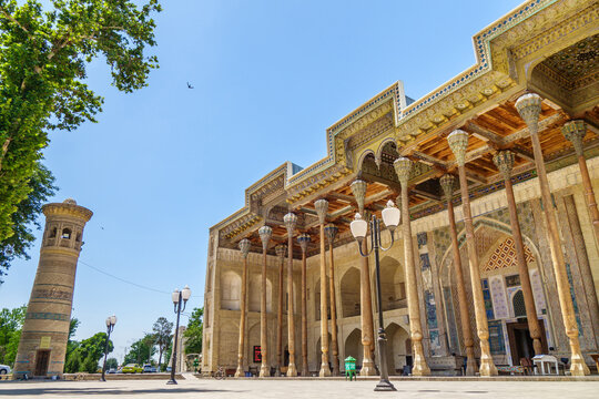 Panorama of the historic mosque Bolo Haouz and its minaret. Shot in Bukhara, Uzbekistan