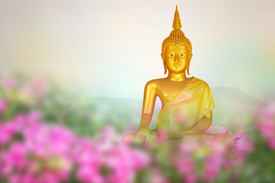 Magha Asha Visakha Bucha Day, golden Buddha image. Soft image and smooth focus style