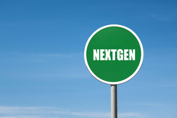 'Nextgen' sign in green round frame. Blue sky is on background