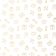 seamless golden pattern with Valentine's Day elements: love letter, diamond ring, key, Cupid's bow, gift, tulip flower, champagne glasses- vector illustration