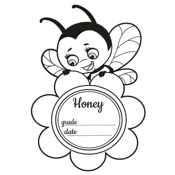 Vertical label design with bee and flower with space for honey variety and bottling date outlined for coloring page on white background
