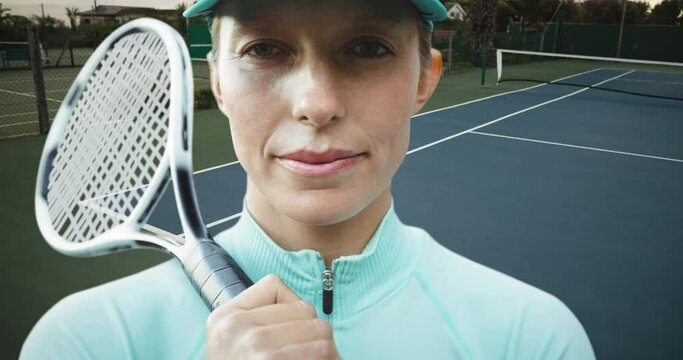 Animation of caucasian female tennis player with rocket over tennis field and ball
