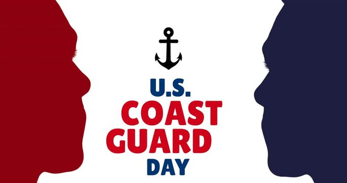 Animation of national coast guard day over contrast faces and anchor on white background