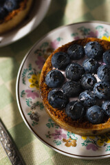 Image of cakes with blueberries and syrup. Breakfast in the morning with hard light