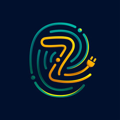 Z letter logo made of fingerprint with plug. Colorful cable icon with vivid gradients and lines.