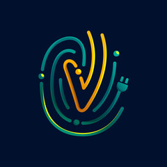 V letter logo made of fingerprint with plug. Colorful cable icon with vivid gradients and lines.