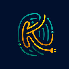 K letter logo made of fingerprint with plug. Colorful cable icon with vivid gradients and lines.