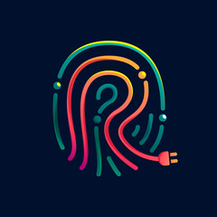 R letter logo made of fingerprint with plug. Colorful cable icon with vivid gradients and lines.