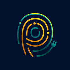 P letter logo made of fingerprint with plug. Colorful cable icon with vivid gradients and lines. - obrazy, fototapety, plakaty