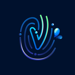 V letter logo made of fingerprint with pure water waves and drops. Blue gradient line icon.