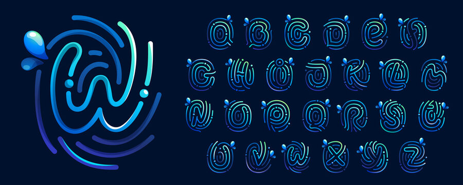 Alphabet made of fingerprint with pure water waves and drops. Blue gradient line icons.