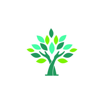 hand and tree leaf logo concept vector stock illustration