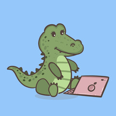 cute alligator cartoon character student studying online on laptop, illustration, back to school concept